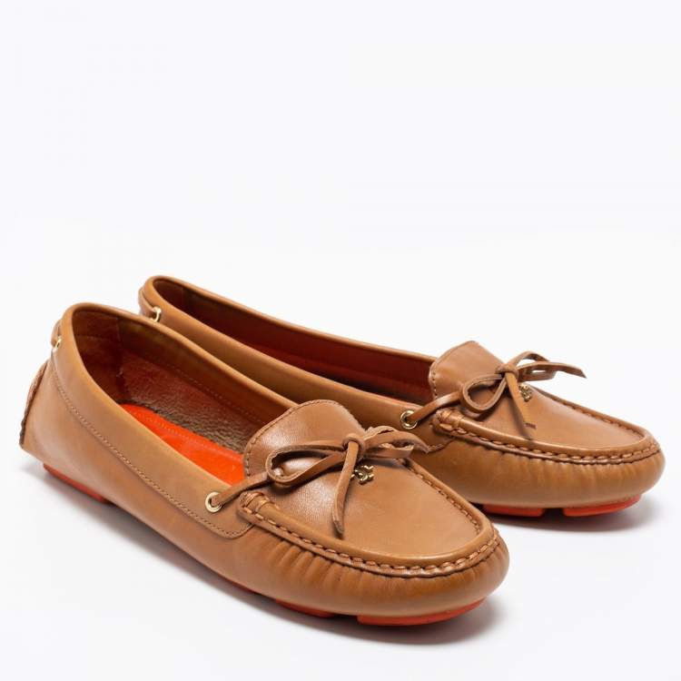 Pre Owned Tory Burch Brown Leather Bow Slip On Loafers Size 38.5