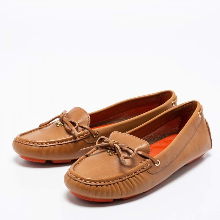 Pre Owned Tory Burch Brown Leather Bow Slip On Loafers Size 38.5