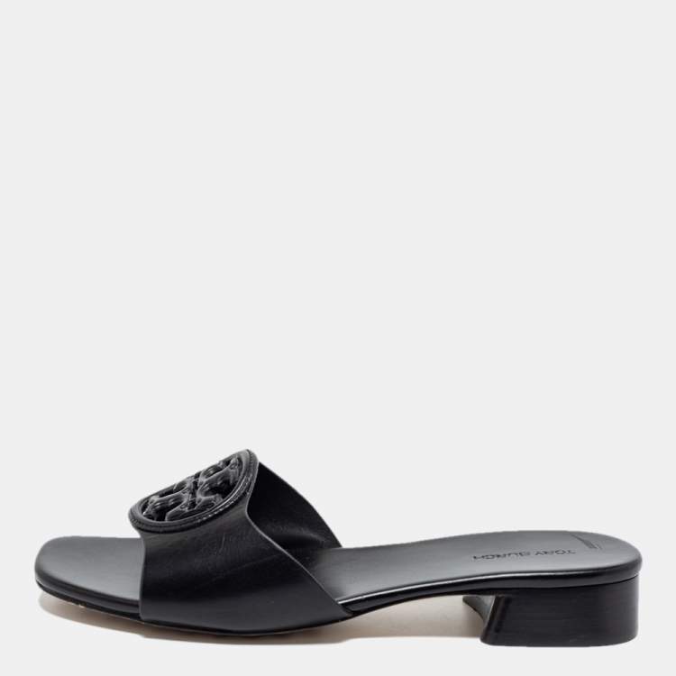 Pre Owned Tory Burch Black Leather Bombe Miller Slide Sandals Size 37.5