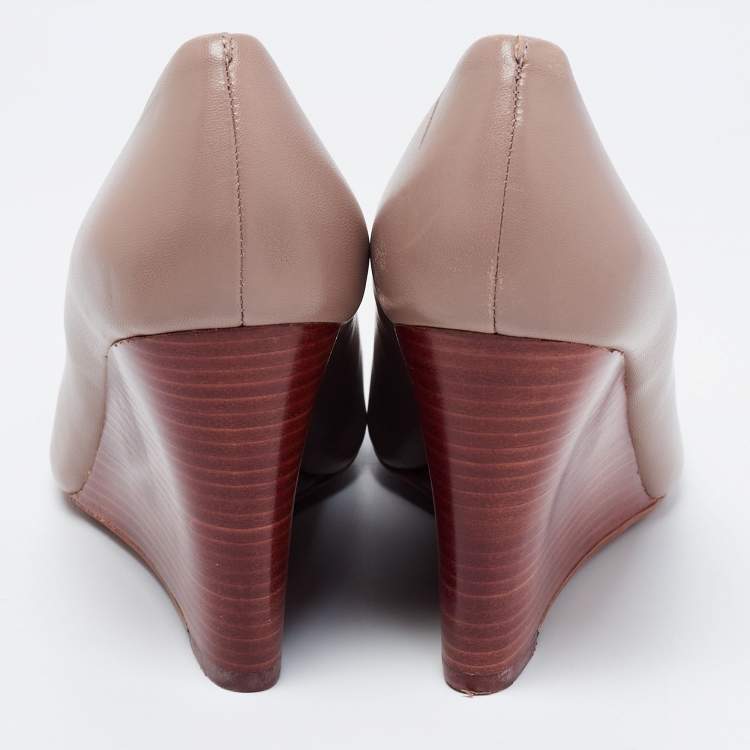 Pre Owned Tory Burch Taupe Leather Julianne Peep-Toe Wedge Pumps Size 37.5