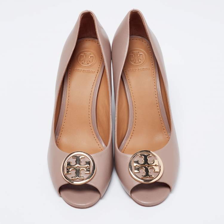 Pre Owned Tory Burch Taupe Leather Julianne Peep-Toe Wedge Pumps Size 37.5
