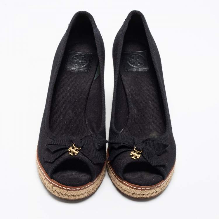 Pre Owned Tory Burch Black Canvas Jackie Bow Espadrille Wedge Pumps Size 38.5
