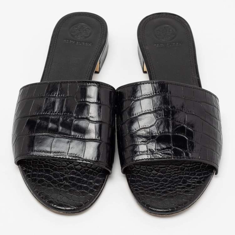 Pre Owned Tory Burch Black Croc Embossed Leather Flat Slide Sandals Size 38.5