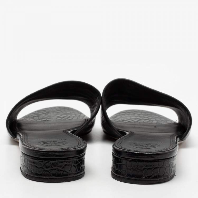Pre Owned Tory Burch Black Croc Embossed Leather Flat Slide Sandals Size 38.5