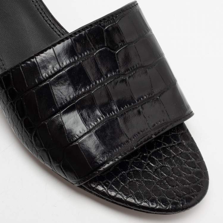 Pre Owned Tory Burch Black Croc Embossed Leather Flat Slide Sandals Size 38.5