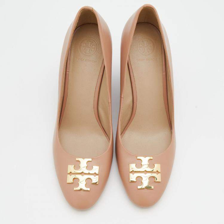 Pre Owned Tory Burch Pale Pink Leather Raleigh Round Toe Wedge Pumps Size 38.5