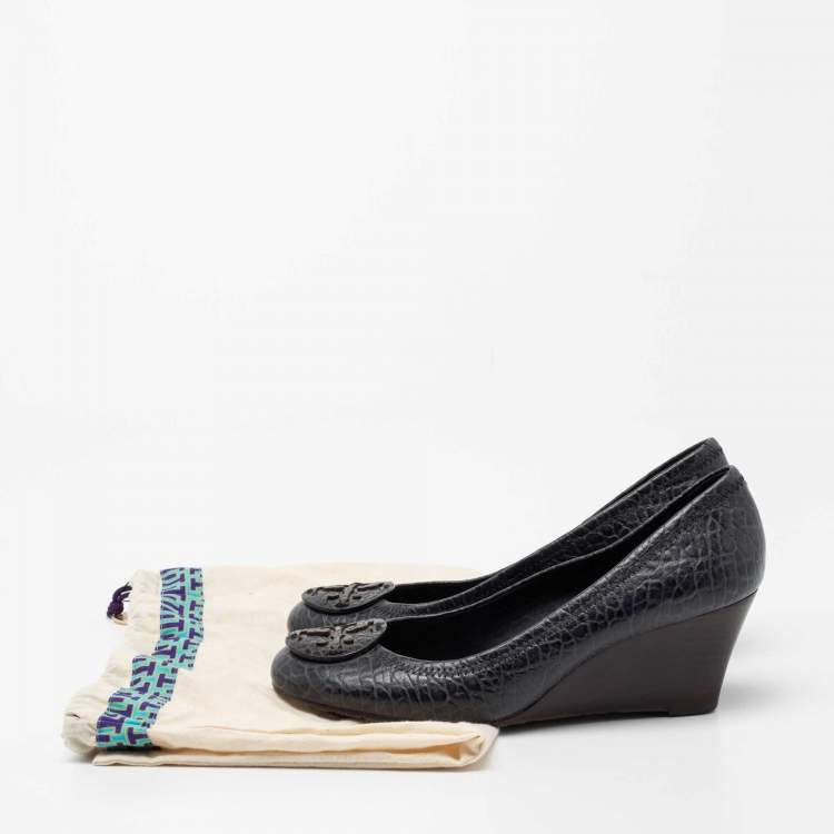 Pre Owned Tory Burch Navy Blue Leather Wedge Pumps Size 38