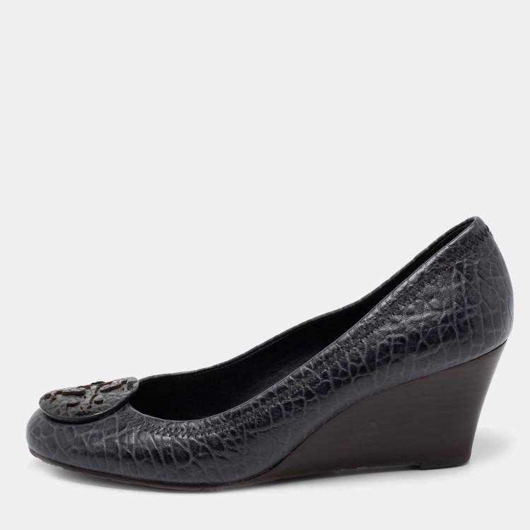 Pre Owned Tory Burch Navy Blue Leather Wedge Pumps Size 38