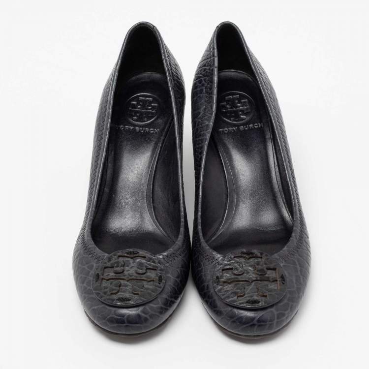 Pre Owned Tory Burch Navy Blue Leather Wedge Pumps Size 38