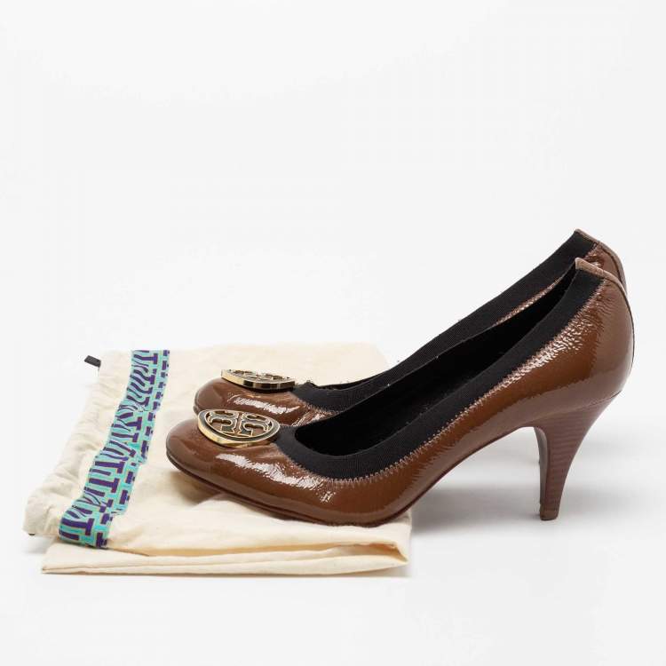 Pre Owned Tory Burch Brown Patent Leather Caroline Reva Scrunch Pumps Size 39