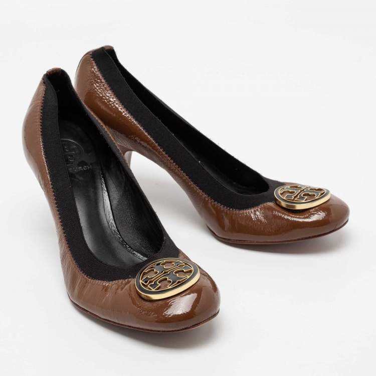 Pre Owned Tory Burch Brown Patent Leather Caroline Reva Scrunch Pumps Size 39