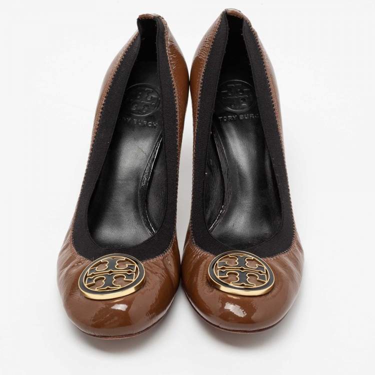 Pre Owned Tory Burch Brown Patent Leather Caroline Reva Scrunch Pumps Size 39