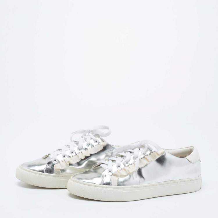 Tory Burch Silver/White Leather Tory Sport Ruffle Low Top Sneakers Size   Tory Burch | TLC