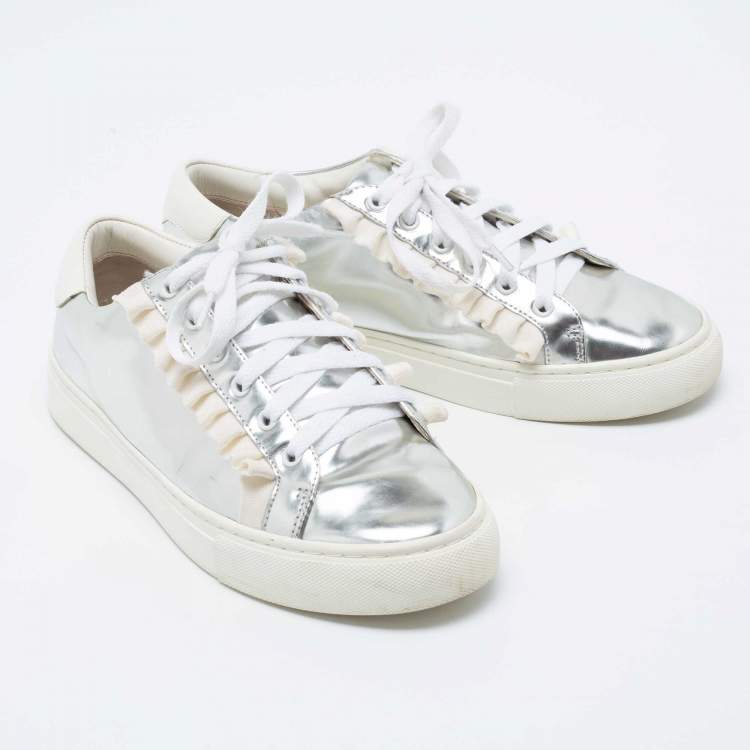 Pre Owned Tory Burch Silver/White Leather Tory Sport Ruffle Low Top Sneakers Size 38.5