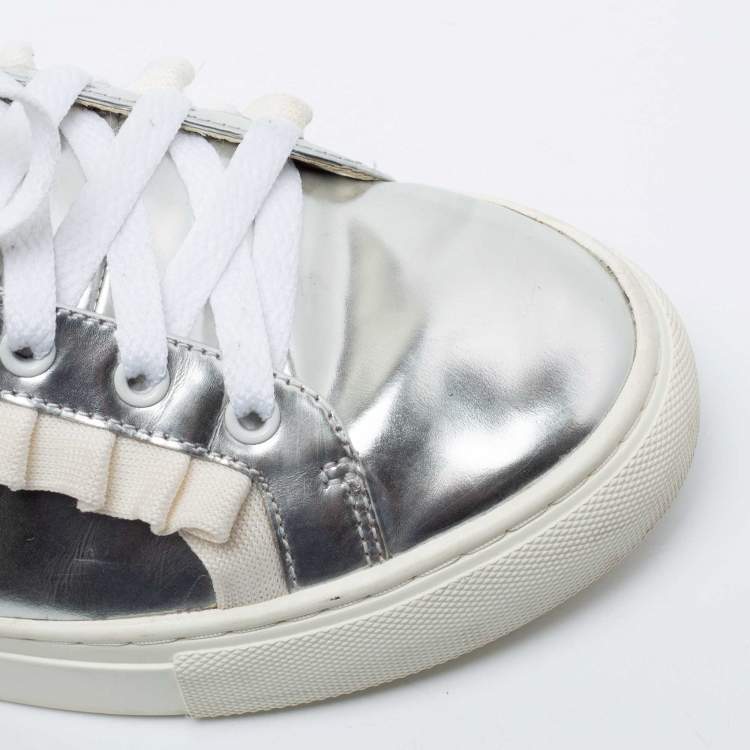 Pre Owned Tory Burch Silver/White Leather Tory Sport Ruffle Low Top Sneakers Size 38.5