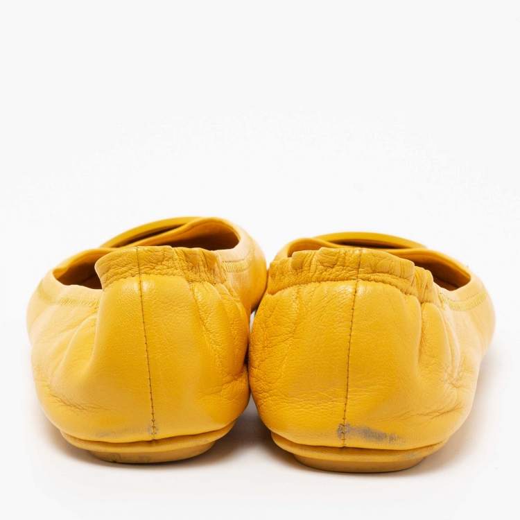 Pre Owned Tory Burch Yellow Leather Minnie Ballet Flats Size 38