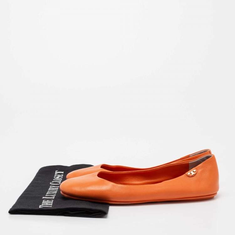 Pre Owned Tory Burch Orange Leather Round Toe Ballet Flats Size 38