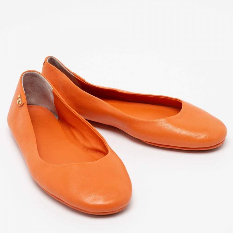 Pre Owned Tory Burch Orange Leather Round Toe Ballet Flats Size 38