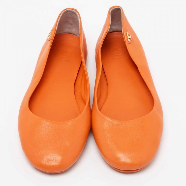 Pre Owned Tory Burch Orange Leather Round Toe Ballet Flats Size 38