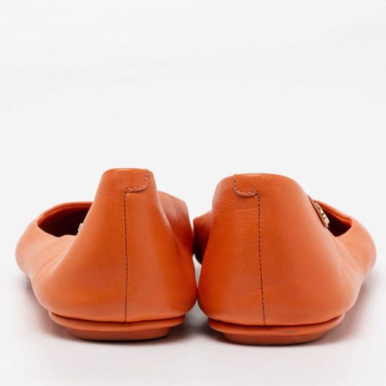 Pre Owned Tory Burch Orange Leather Round Toe Ballet Flats Size 38