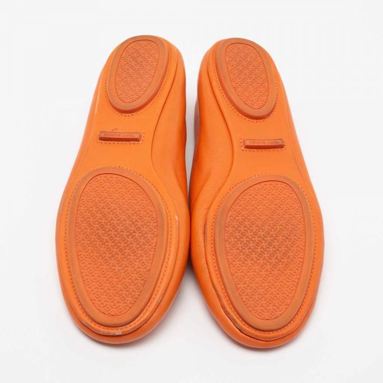 Pre Owned Tory Burch Orange Leather Round Toe Ballet Flats Size 38