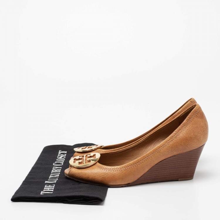 Pre Owned Tory Burch Brown Leather Wedge Peep Toe Pumps Size 38.5