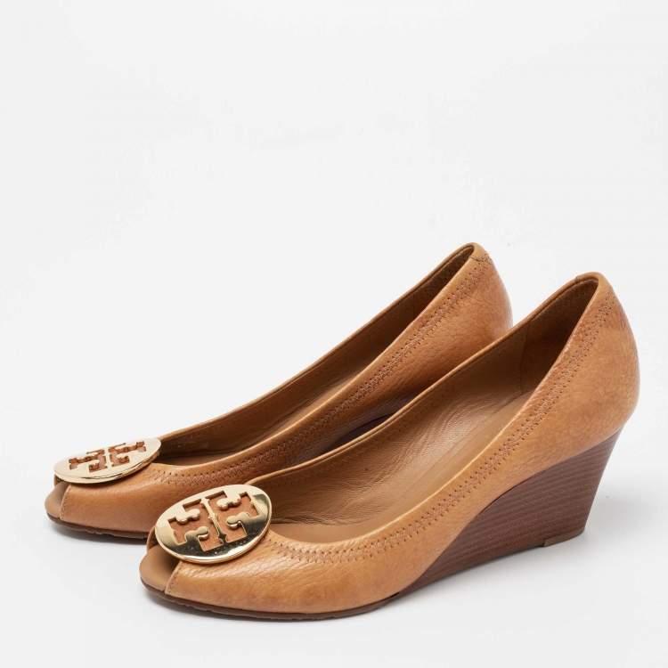 Pre Owned Tory Burch Brown Leather Wedge Peep Toe Pumps Size 38.5