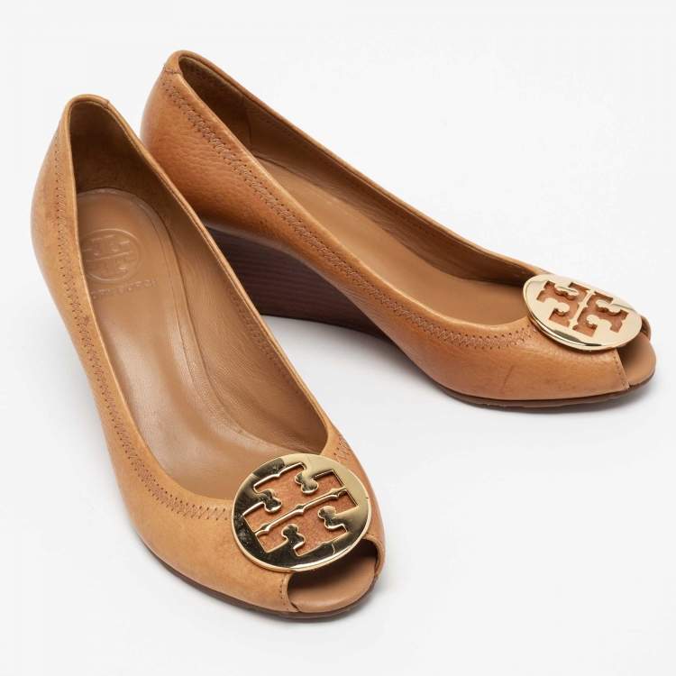 Pre Owned Tory Burch Brown Leather Wedge Peep Toe Pumps Size 38.5
