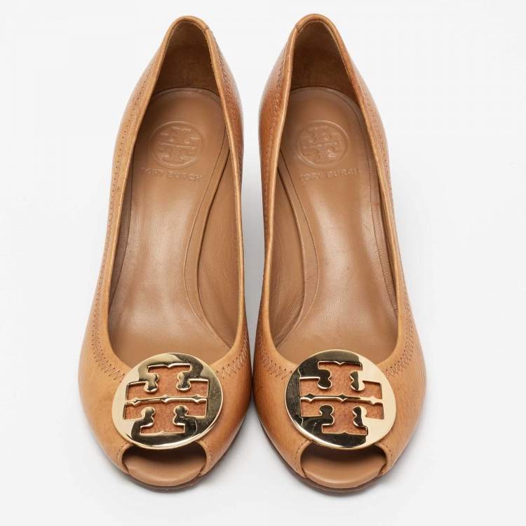Pre Owned Tory Burch Brown Leather Wedge Peep Toe Pumps Size 38.5