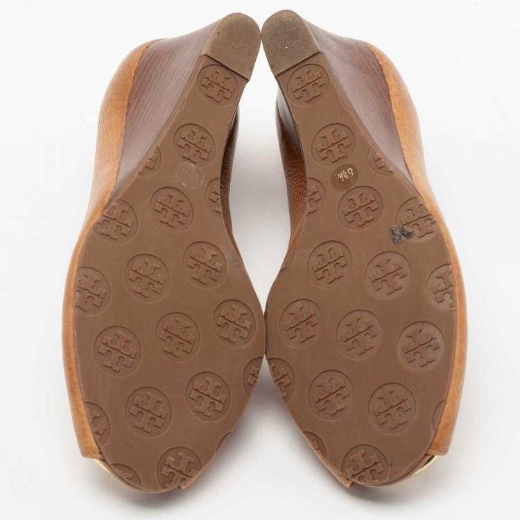 Pre Owned Tory Burch Brown Leather Wedge Peep Toe Pumps Size 38.5
