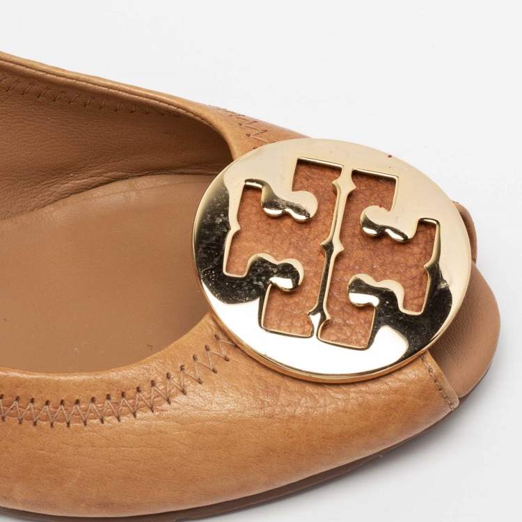 Pre Owned Tory Burch Brown Leather Wedge Peep Toe Pumps Size 38.5