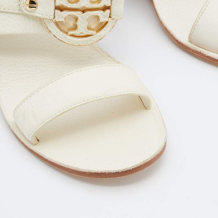 Pre Owned Tory Burch Cream Leather Wedge Sandals Size 38
