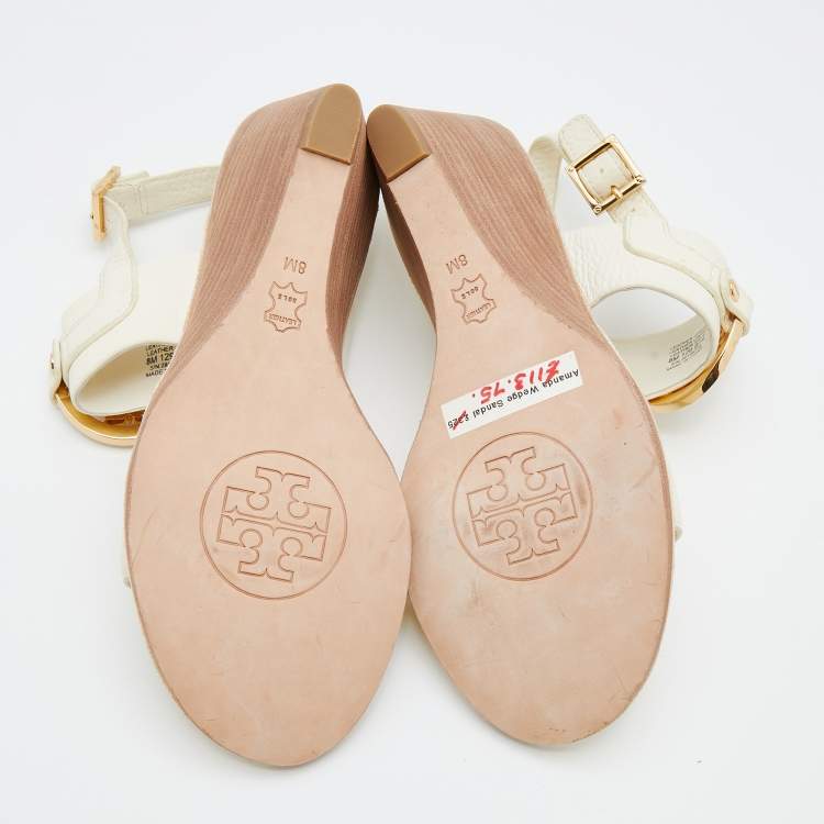 Pre Owned Tory Burch Cream Leather Wedge Sandals Size 38