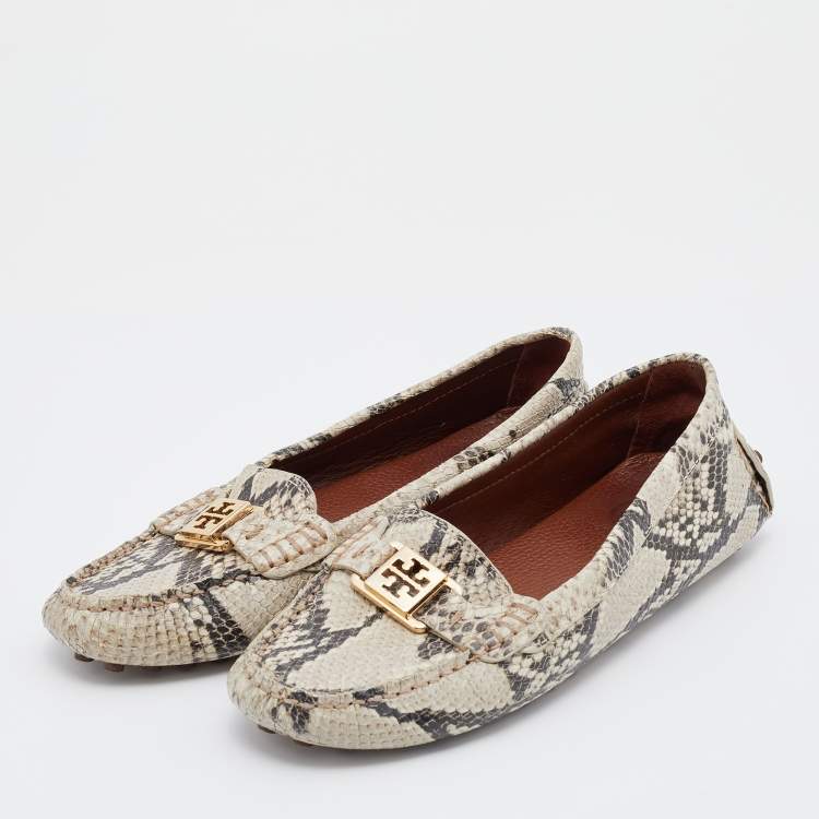 Pre Owned Tory Burch Beige Python Embossed Leather Driving Loafers Size 38.5