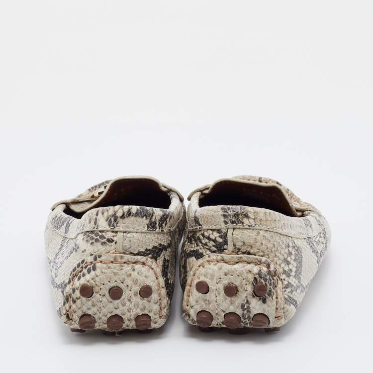 Pre Owned Tory Burch Beige Python Embossed Leather Driving Loafers Size 38.5