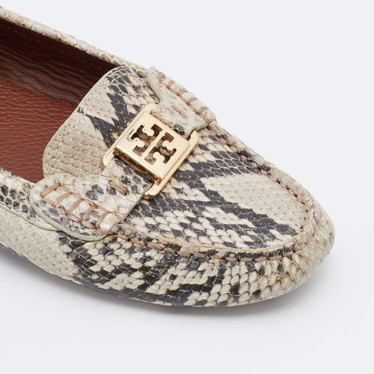 Pre Owned Tory Burch Beige Python Embossed Leather Driving Loafers Size 38.5