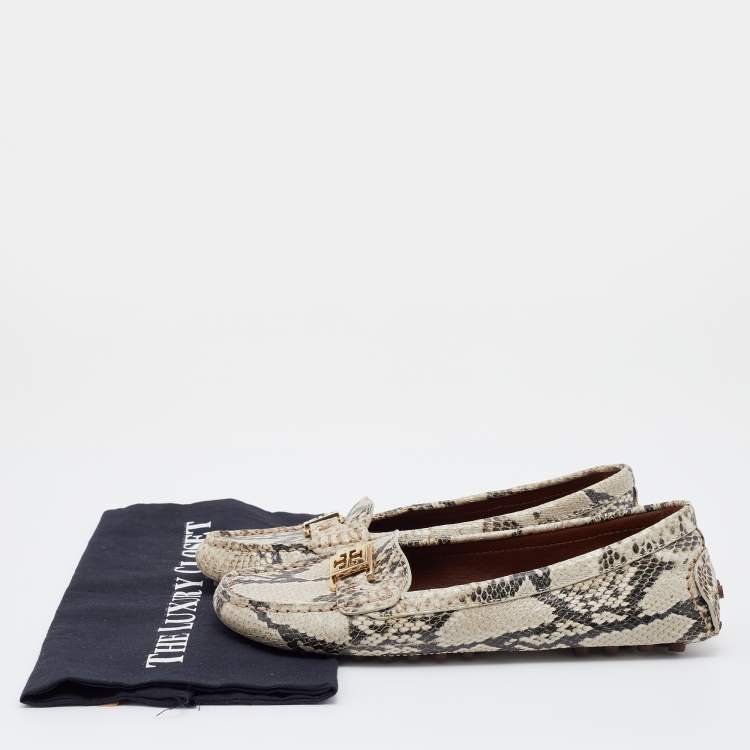 Pre Owned Tory Burch Beige Python Embossed Leather Driving Loafers Size 38.5