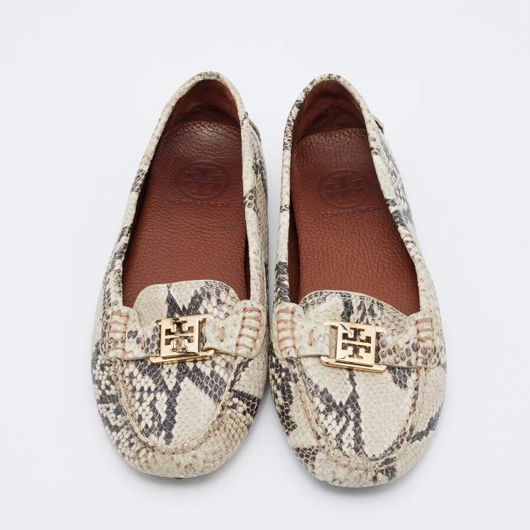 Pre Owned Tory Burch Beige Python Embossed Leather Driving Loafers Size 38.5