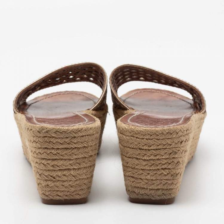 Pre Owned Tory Burch Metallic Gold Leather Thatched Espadrille Platform Wedge Sandals Size 38