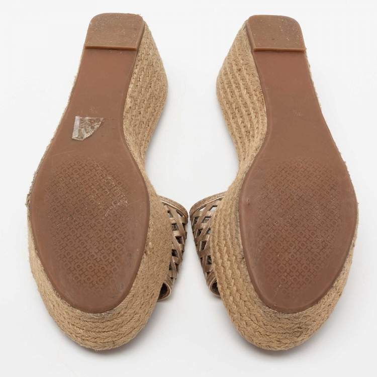 Pre Owned Tory Burch Metallic Gold Leather Thatched Espadrille Platform Wedge Sandals Size 38