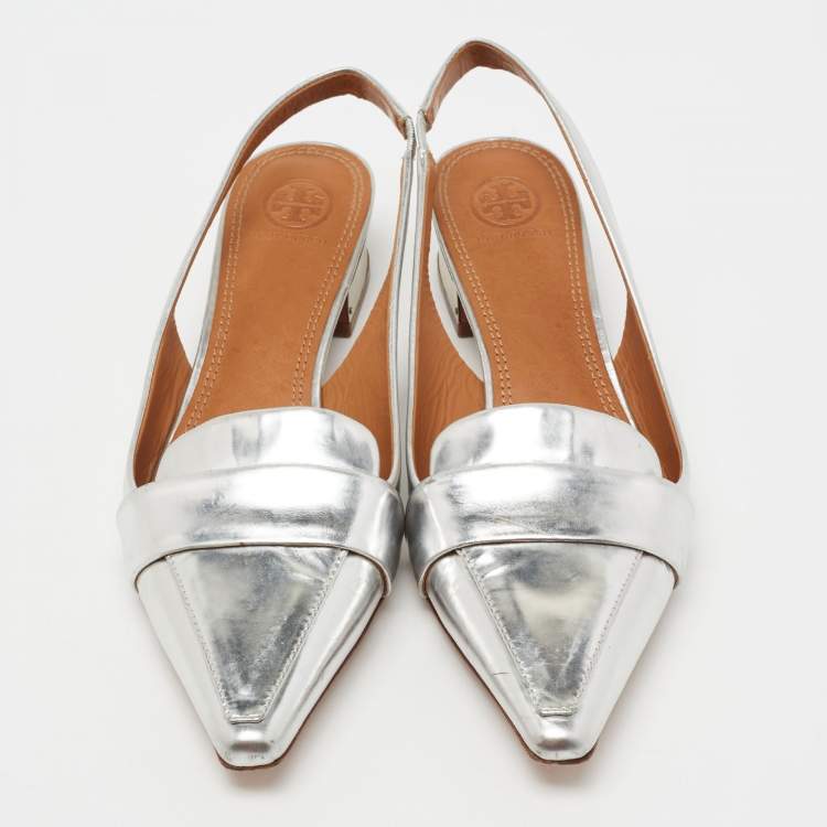 Pre Owned Tory Burch Silver Leather Slingback Sandals Size 40