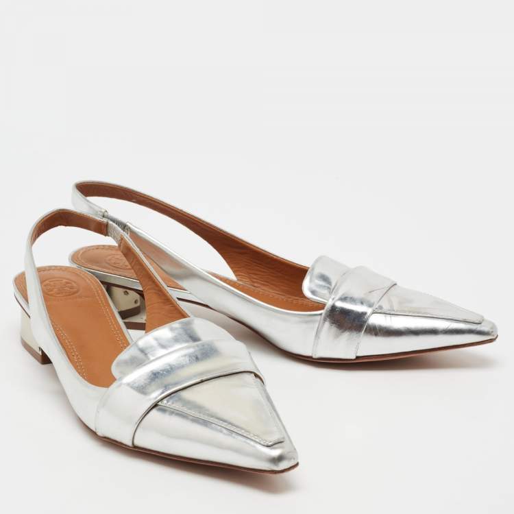 Pre Owned Tory Burch Silver Leather Slingback Sandals Size 40