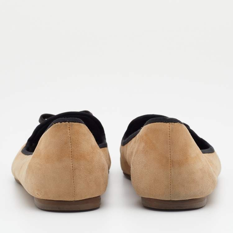 Pre Owned Tory Burch Beige Suede Bow Smoking Slippers Size 38.5