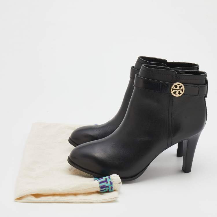 Pre Owned Tory Burch Black Leather Ankle Length Boots Size 38.5