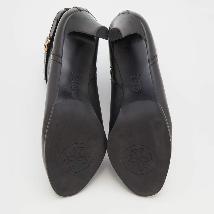 Pre Owned Tory Burch Black Leather Ankle Length Boots Size 38.5