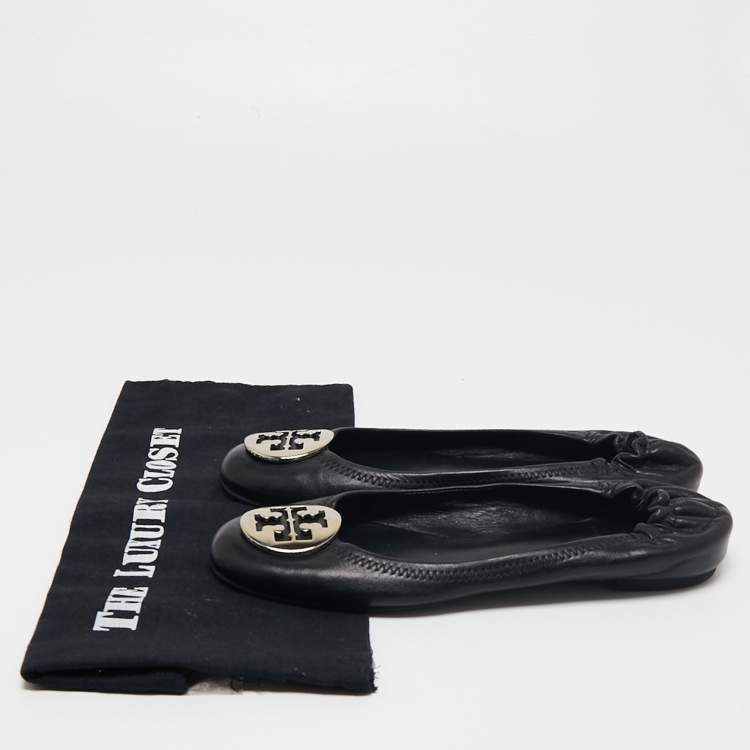 Pre Owned Tory Burch Black Leather Minnie Scrunch Ballet Flats Size 38.5
