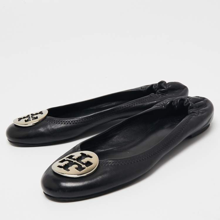 Pre Owned Tory Burch Black Leather Minnie Scrunch Ballet Flats Size 38.5