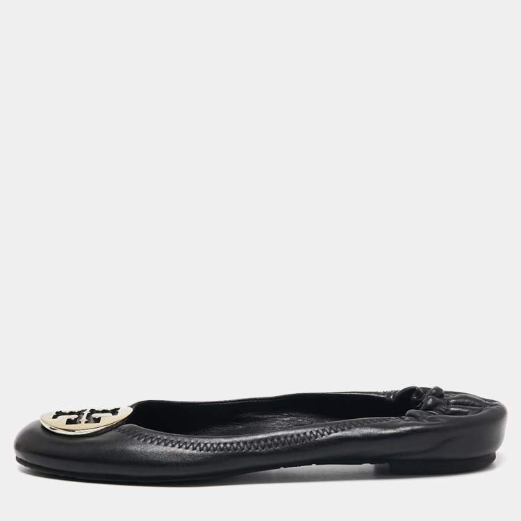 Pre Owned Tory Burch Black Leather Minnie Scrunch Ballet Flats Size 38.5
