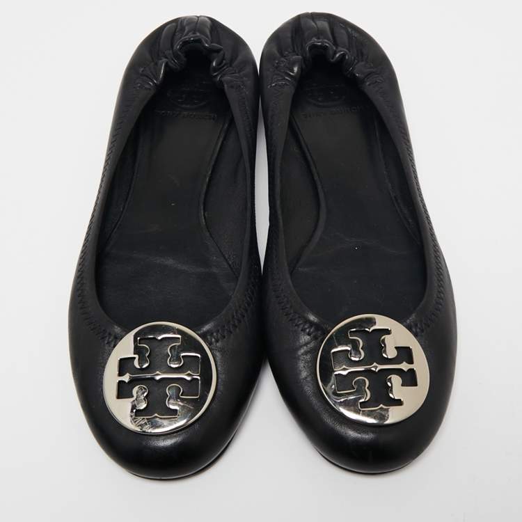 Pre Owned Tory Burch Black Leather Minnie Scrunch Ballet Flats Size 38.5