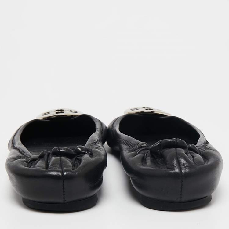 Pre Owned Tory Burch Black Leather Minnie Scrunch Ballet Flats Size 38.5